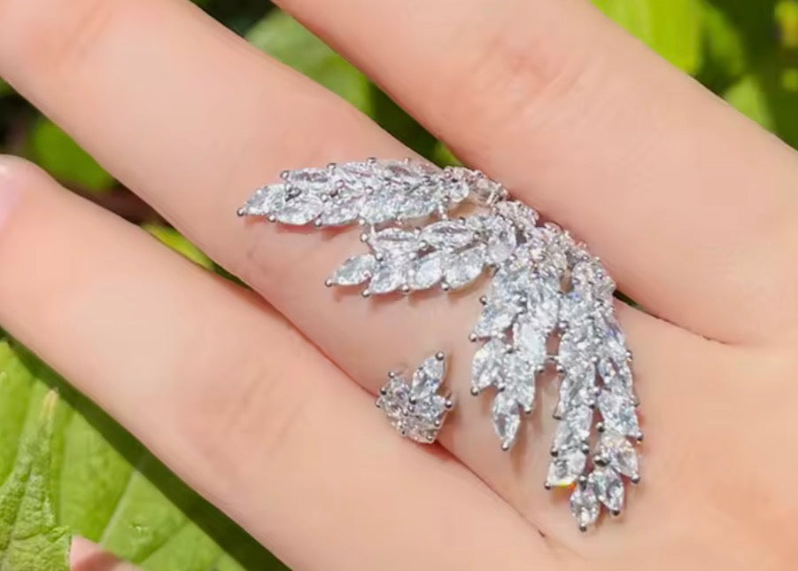 Adjustable sterling silver-plated simulated diamond fan-out ring