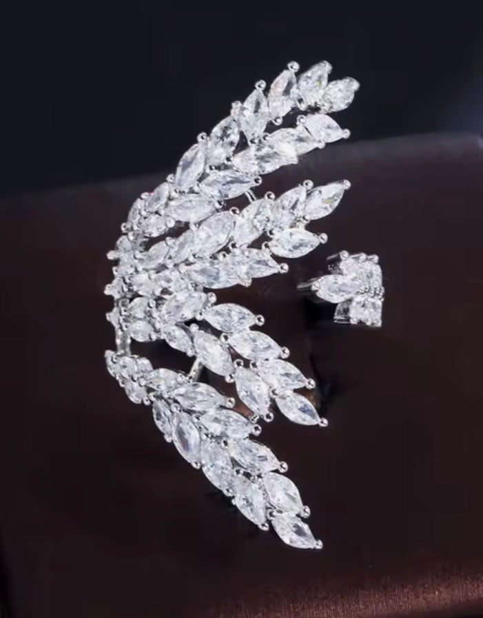 Adjustable sterling silver-plated simulated diamond fan-out ring