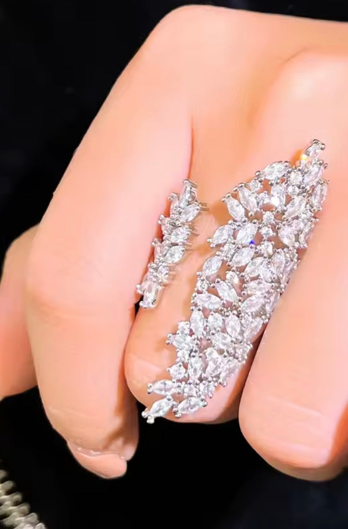 Adjustable sterling silver-plated simulated diamond fan-out ring