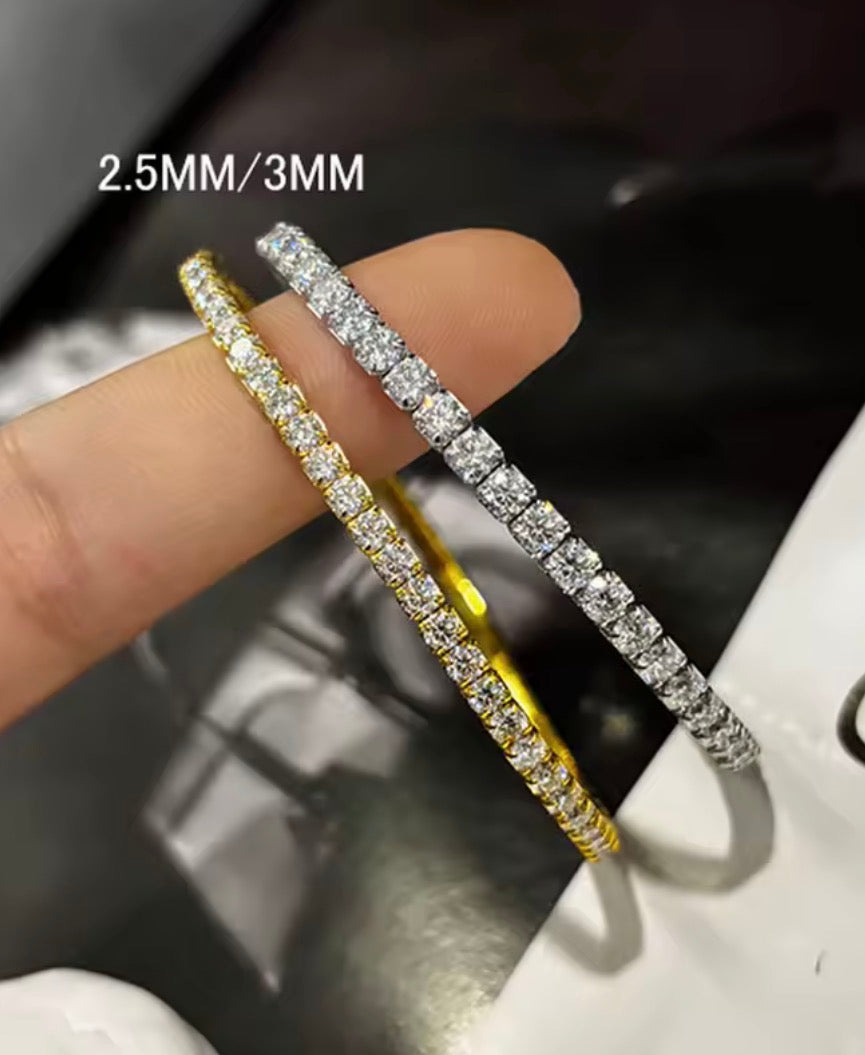 Stretchy lab diamond bracelet shown in silver and gold