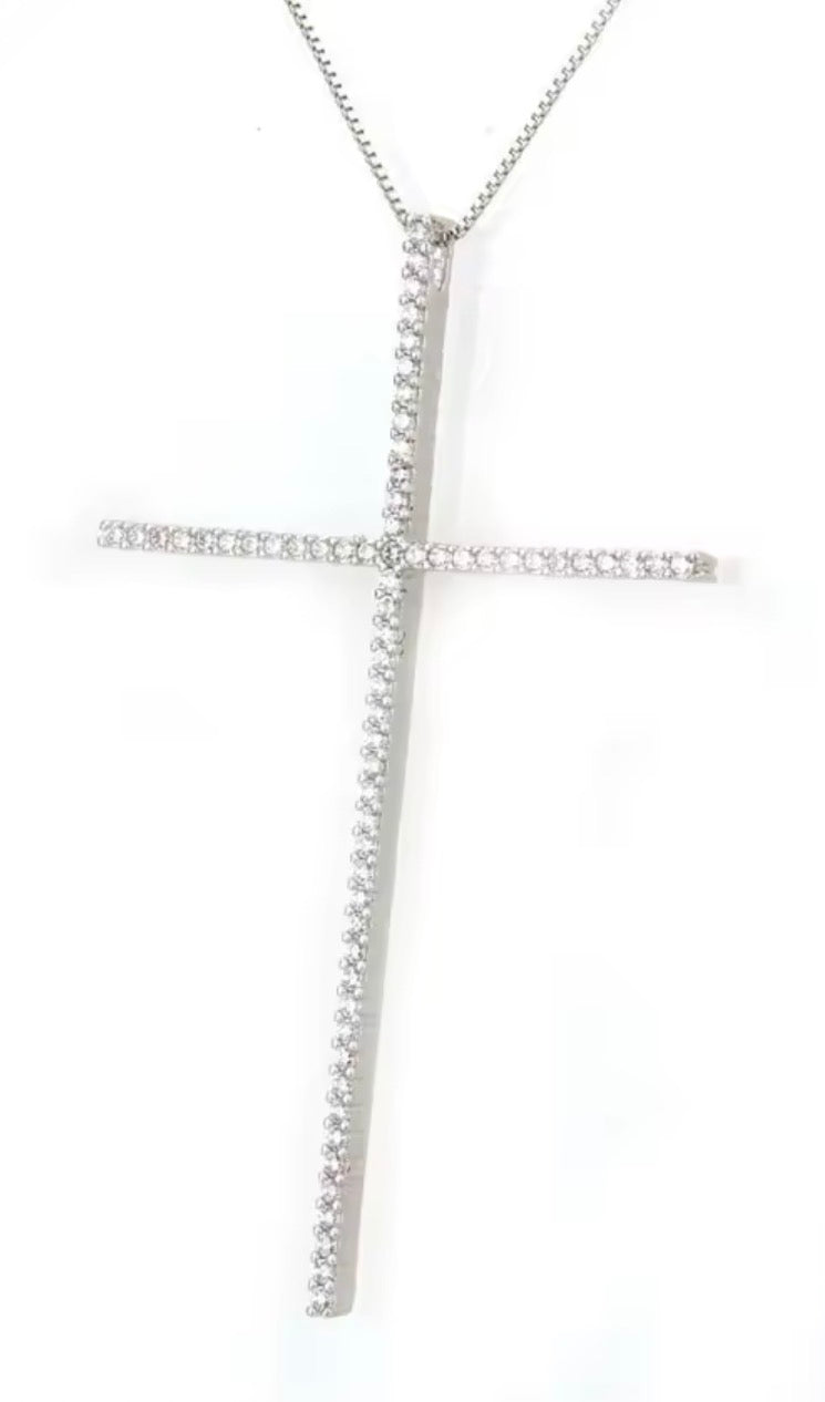 Silver cross necklace with white simulated diamonds