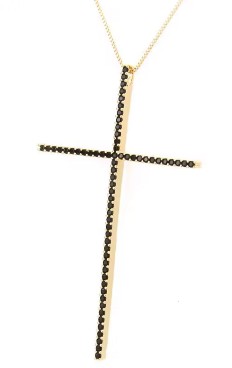 Gold cross necklace with black simulated diamonds