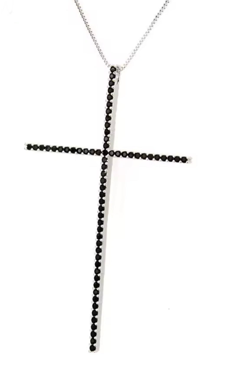 Silver cross necklace with black simulated diamonds