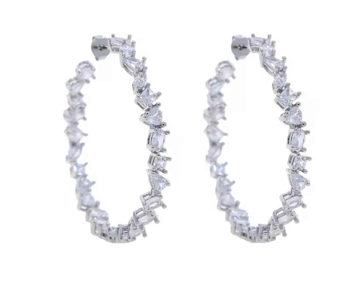 White gold multi-shape simulated diamond hoop earrings