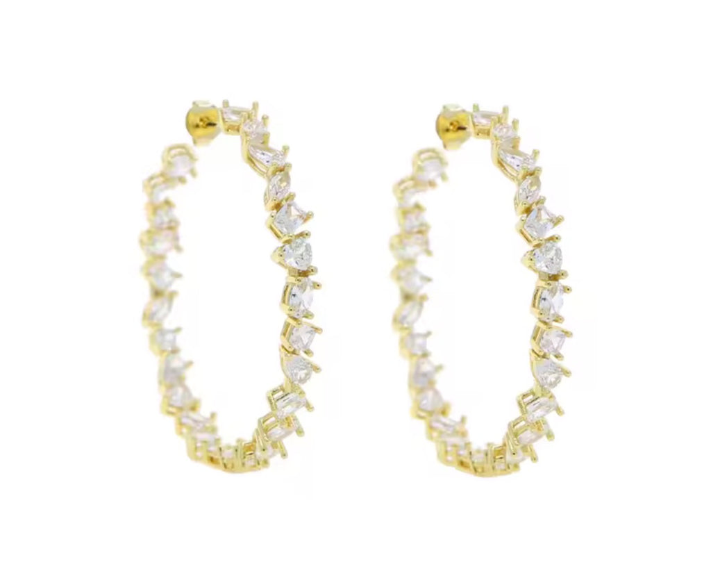 Yellow gold multi-shape simulated diamond hoop earrings