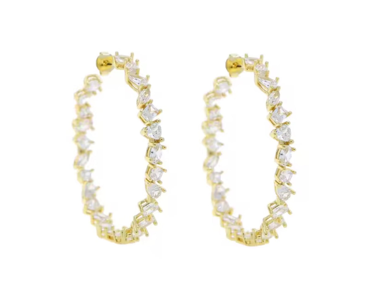 Yellow gold multi-shape simulated diamond hoop earrings