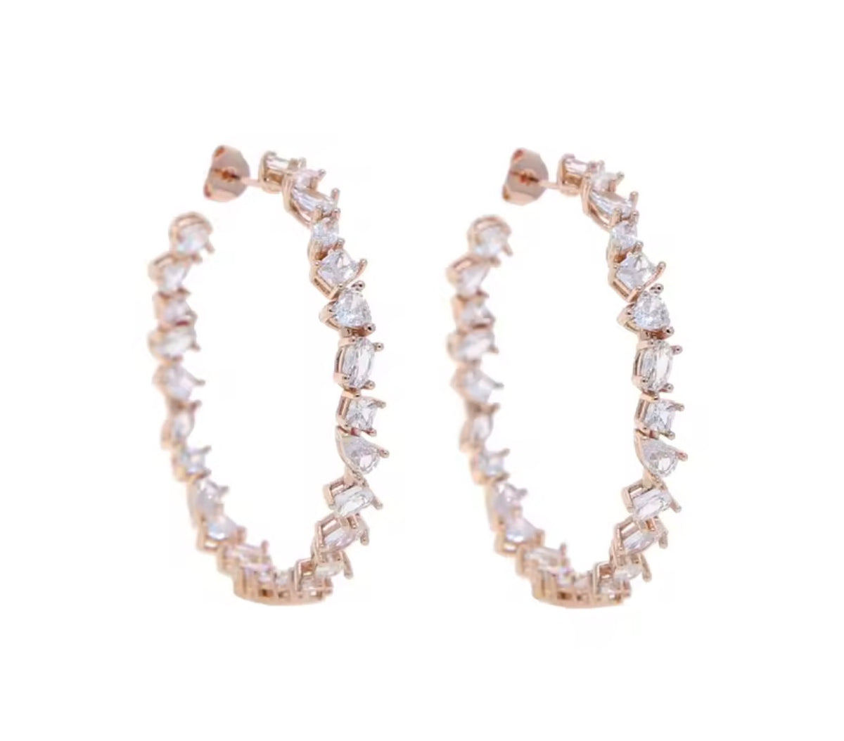 Rose gold multi-shape simulated diamond hoop earrings