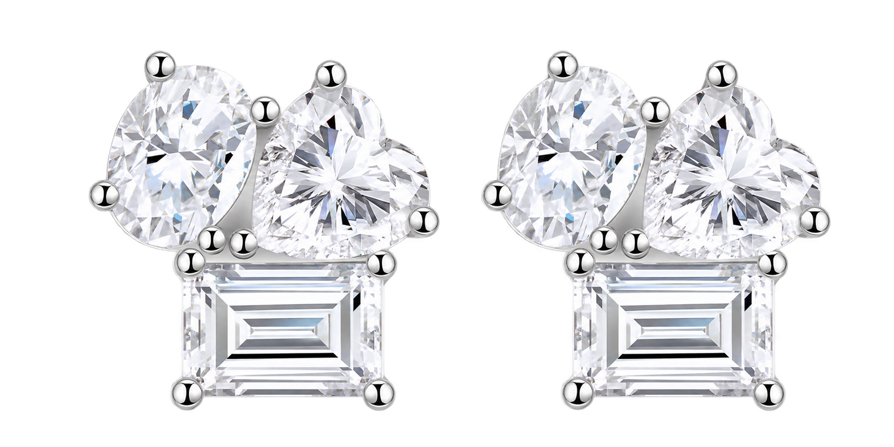 Oval, round and baguette moissanite cluster stud earrings