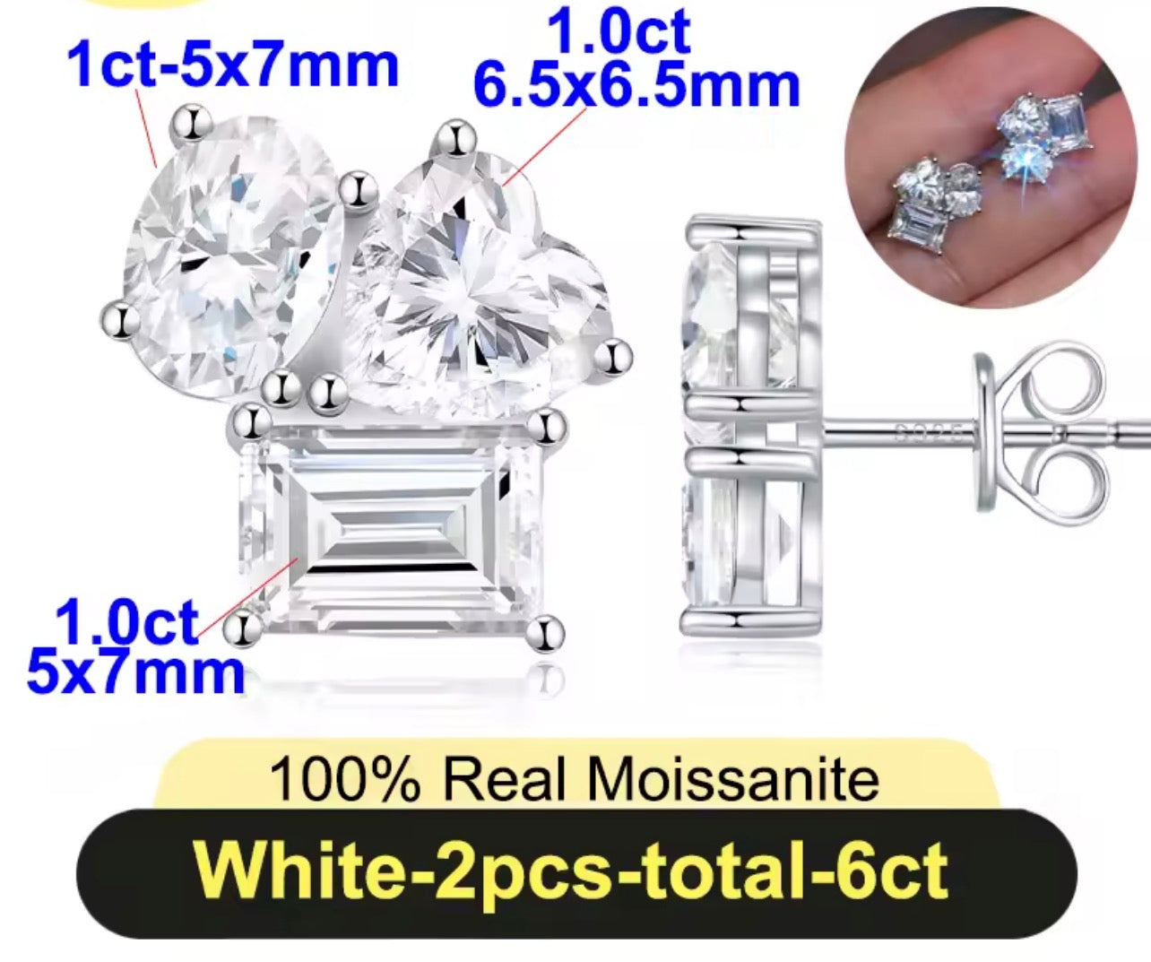 Oval, round and baguette moissanite cluster stud earrings with labeled stone details