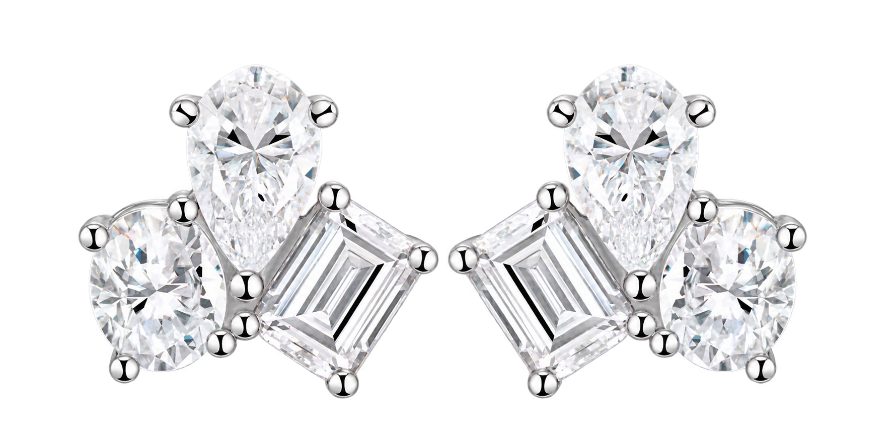 Pear, round and baguette moissanite cluster stud earrings