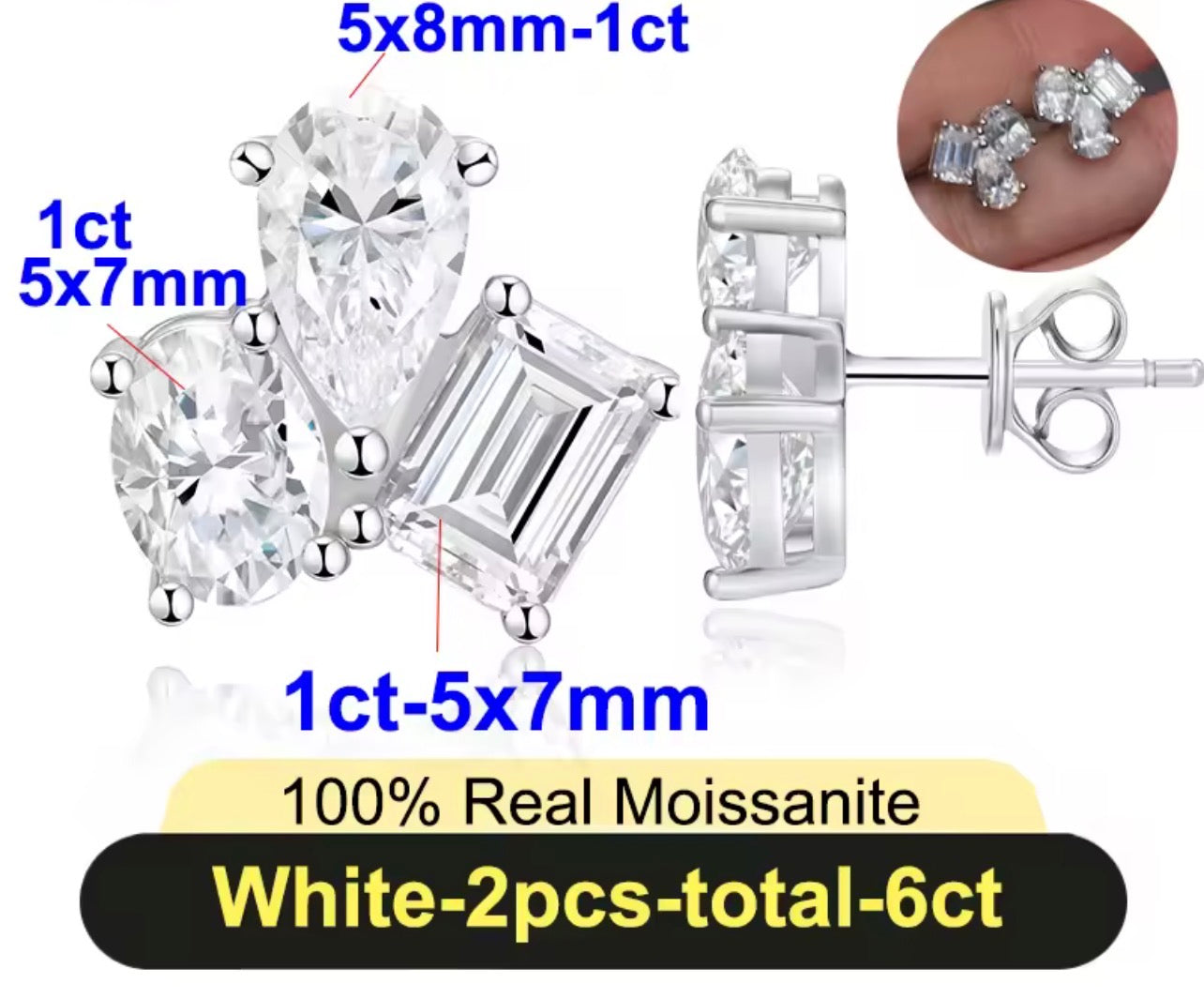 Pear, round and baguette moissanite cluster stud earrings with labeled stone details