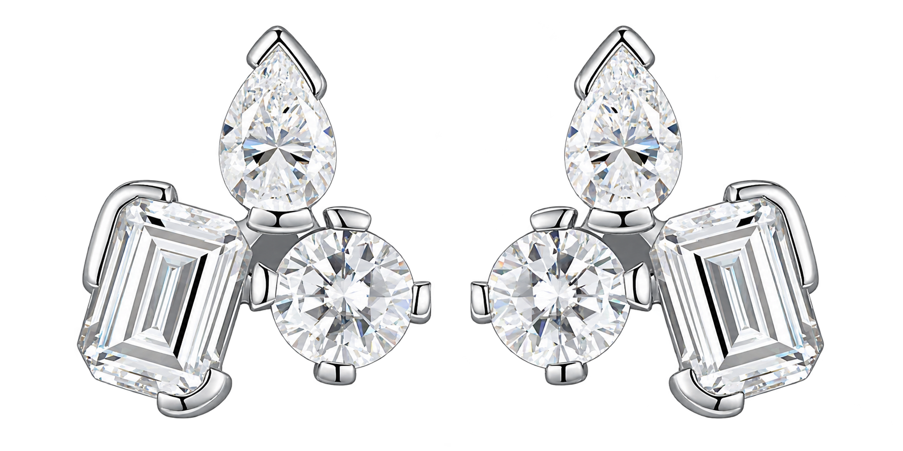 Pear, round and emerald-cut moissanite cluster stud earrings