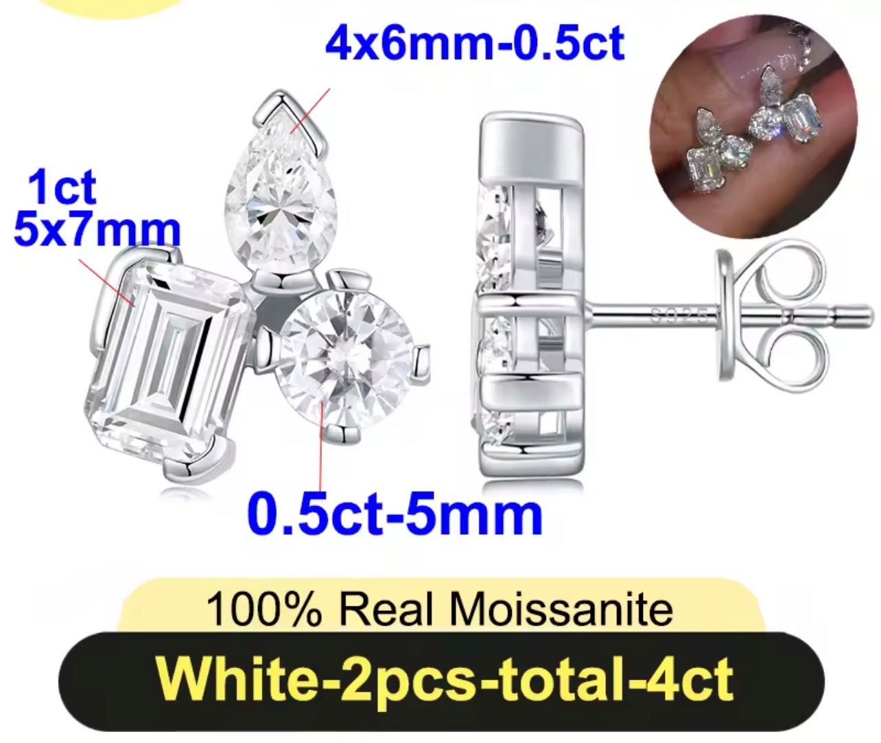Pear, round and emerald-cut moissanite cluster stud earrings with labeled stone details