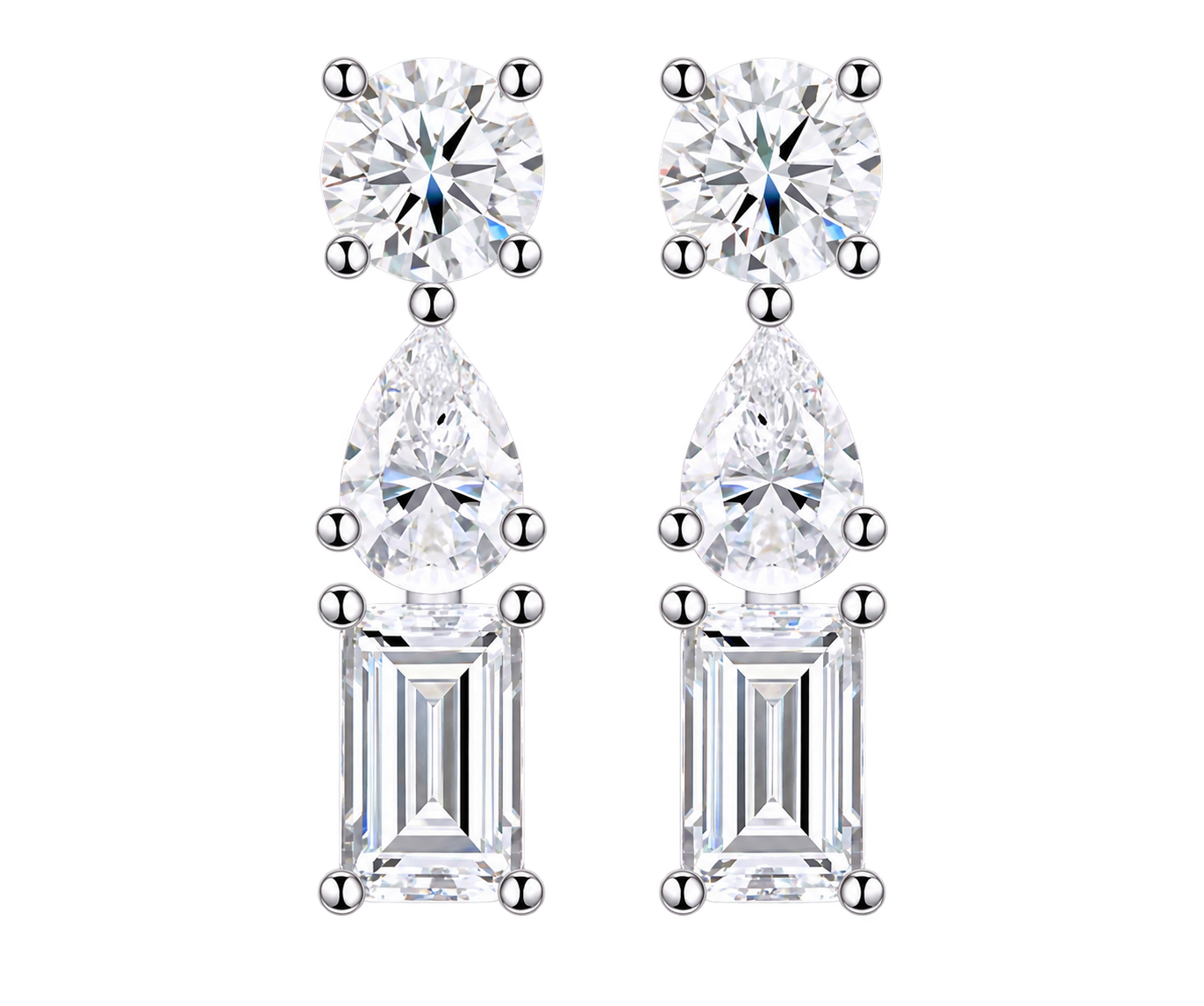 Round, pear and emerald-cut moissanite stud earrings