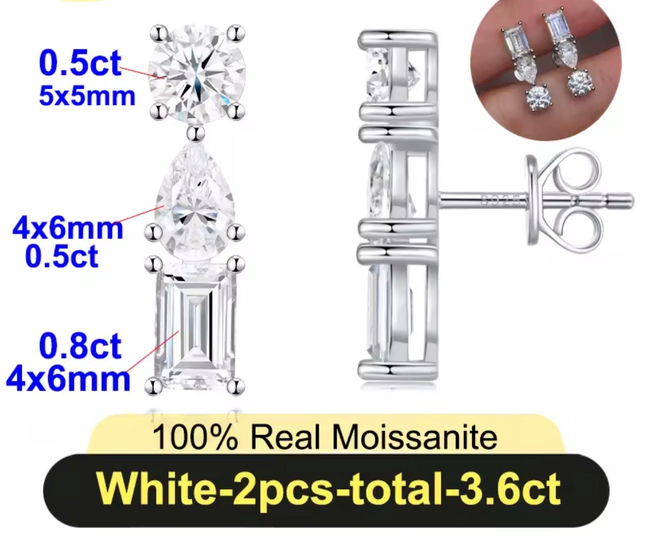 Round, pear and emerald-cut moissanite stud earrings with labeled stone details