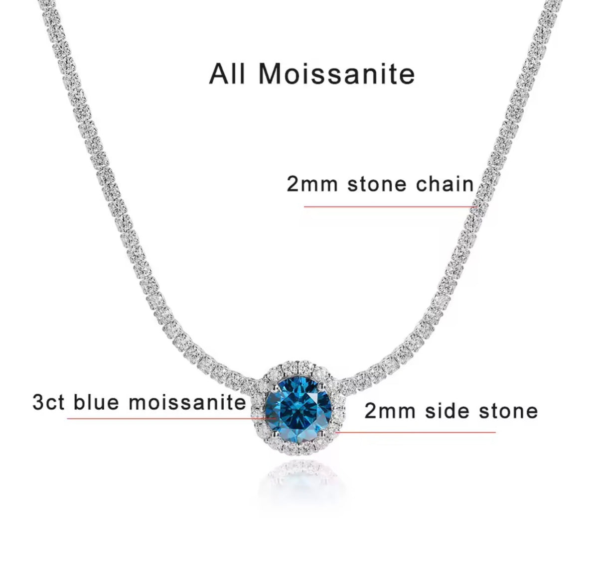 Blue sapphire halo tennis necklace detail and stone specifications