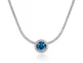 Blue sapphire halo lab moissanite tennis necklace on a white background