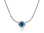 Blue sapphire halo lab moissanite tennis necklace on a white background