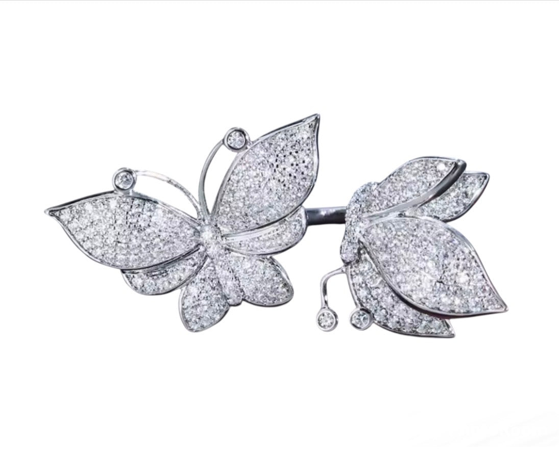 Double pavé butterfly adjustable statement ring
