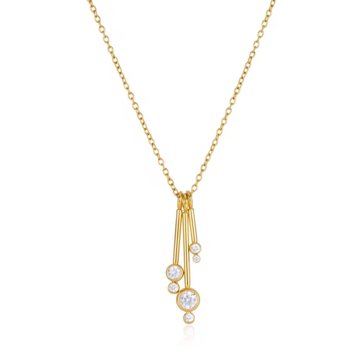 Gold dancing teardrop necklace with clear stones