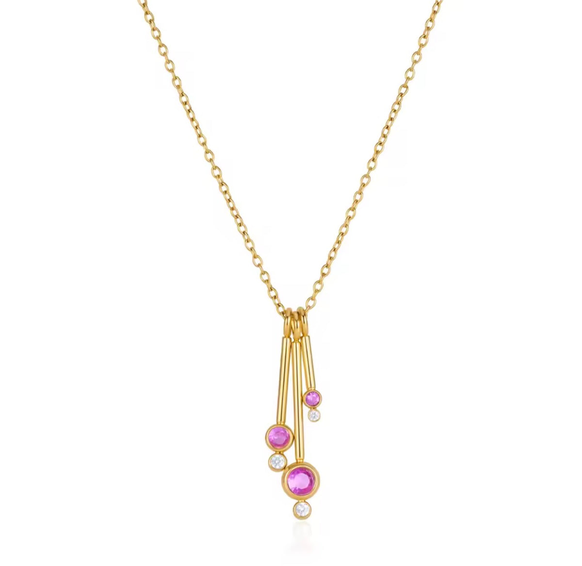 Gold dancing teardrop necklace with pink stones