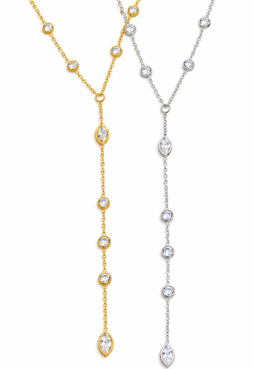 Gold and silver diamond bezel lariat necklaces on a white background
