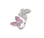 Adjustable double butterfly ring with pink and white stones
