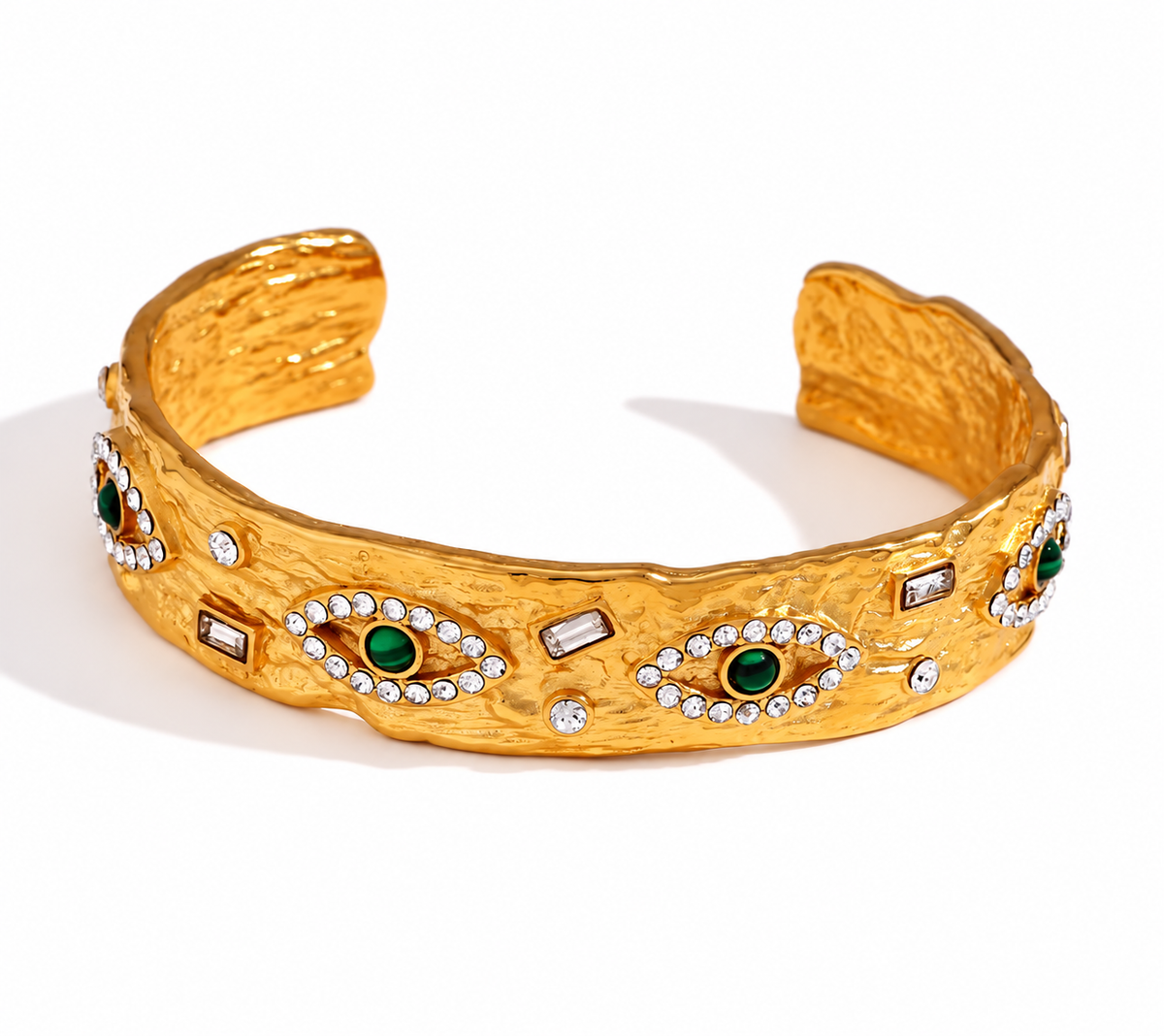 Matching gold-plated evil eye bracelet with green and clear accents
