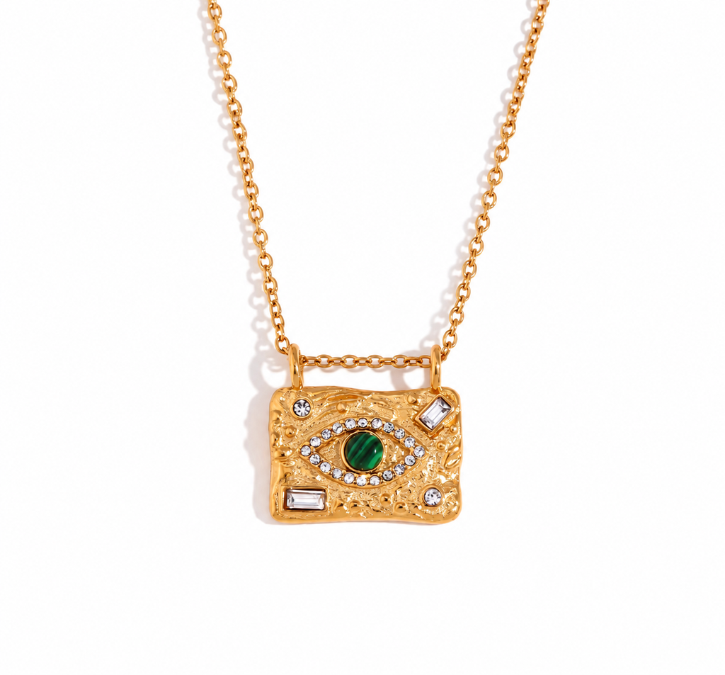 Green stone evil eye necklace with clear accents