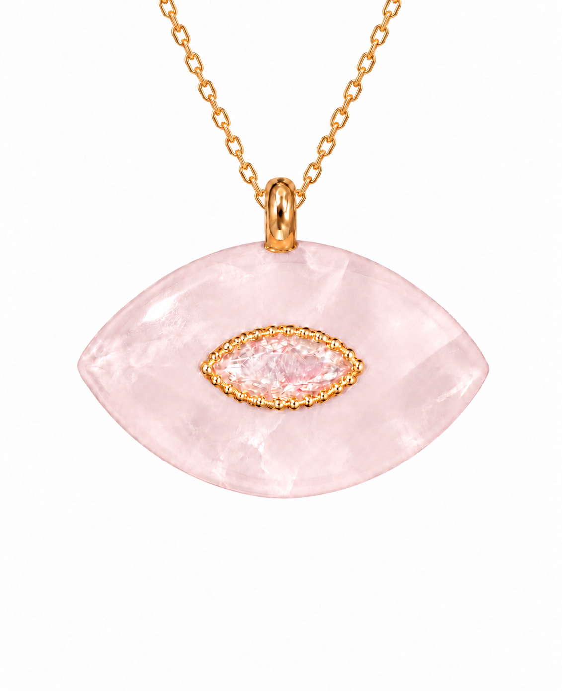 Pale pink rose quartz evil eye marquise pendant necklace