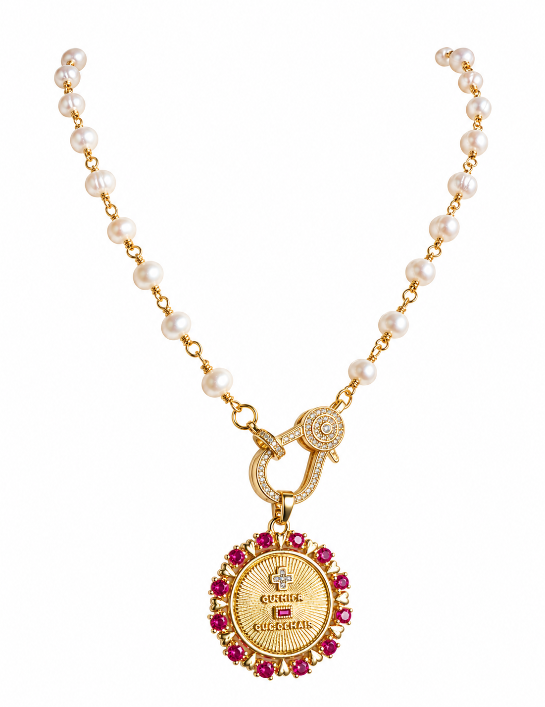 French Ruby & Pearl love poem necklace on white background
