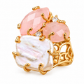 Freshwater pearl and pink quartz adjustable gold overlay statement ring on a bright white background