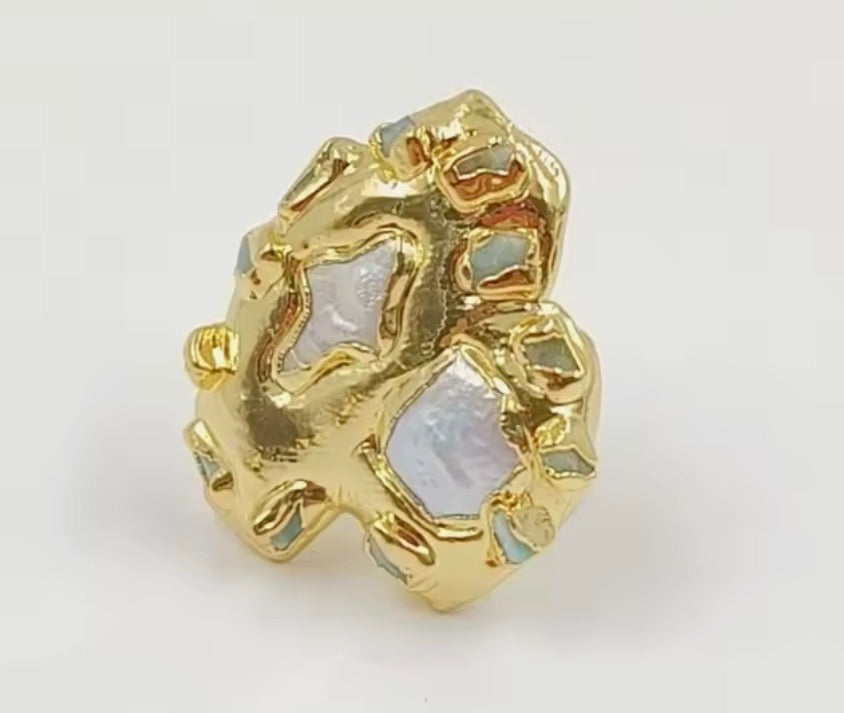 Adjustable freshwater pearl and turquoise statement ring