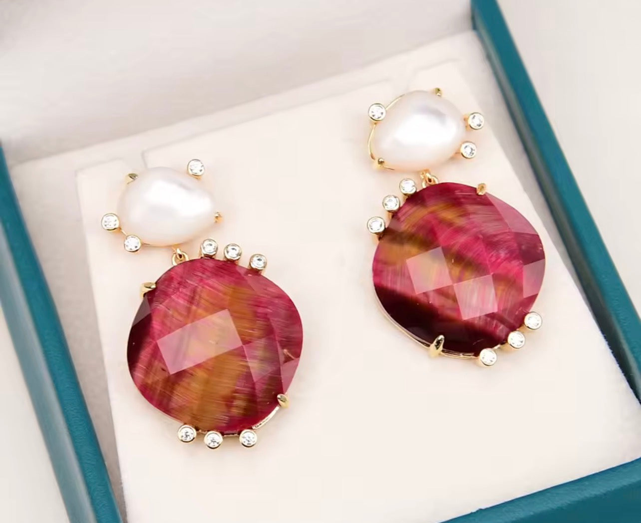 Fuchsia tiger eye and moonstone dangle earrings