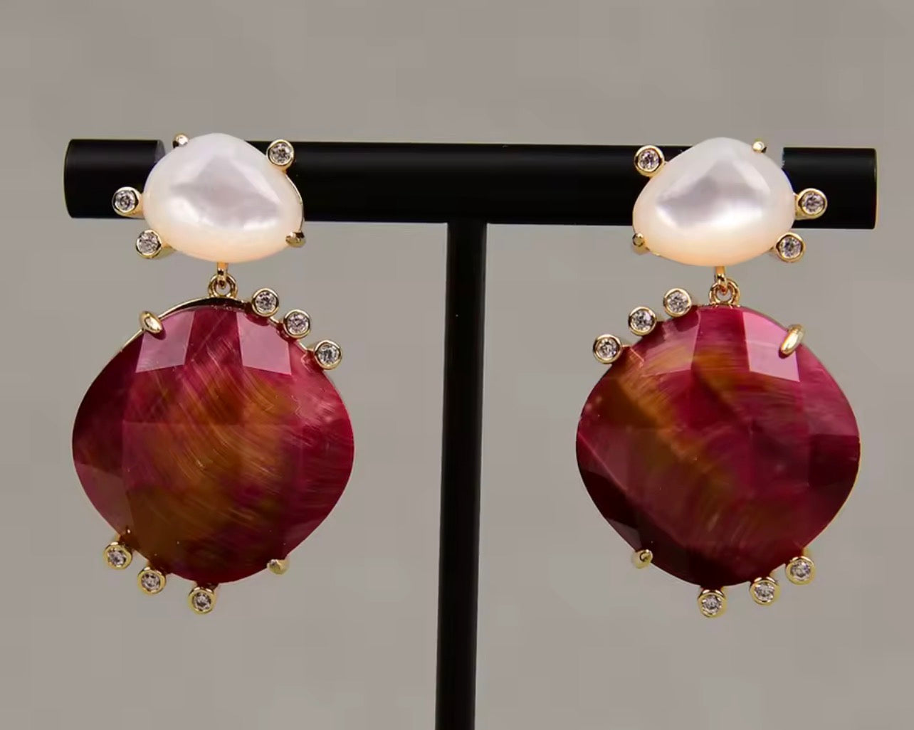 Fuchsia tiger eye and moonstone dangle earrings