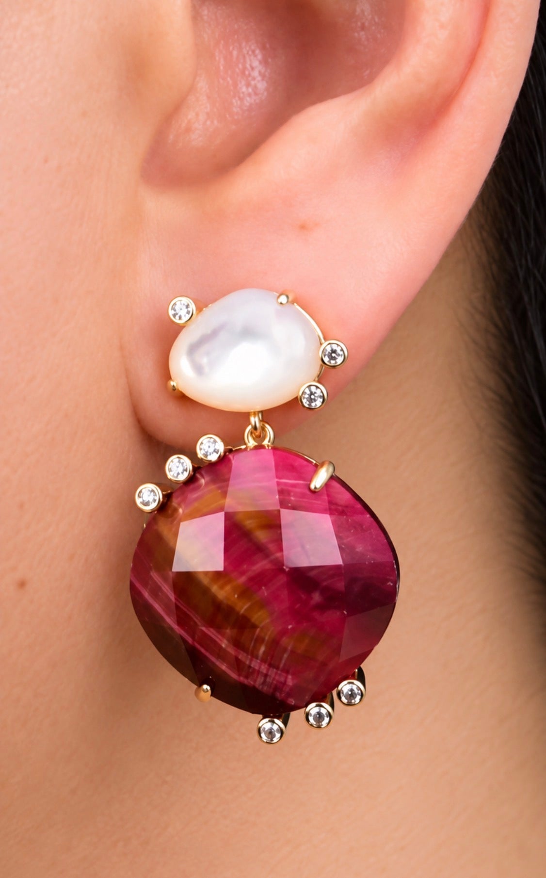 Fuchsia tiger eye and moonstone dangle earrings