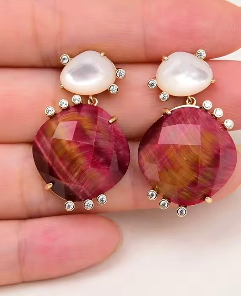 Fuchsia tiger eye and moonstone dangle earrings