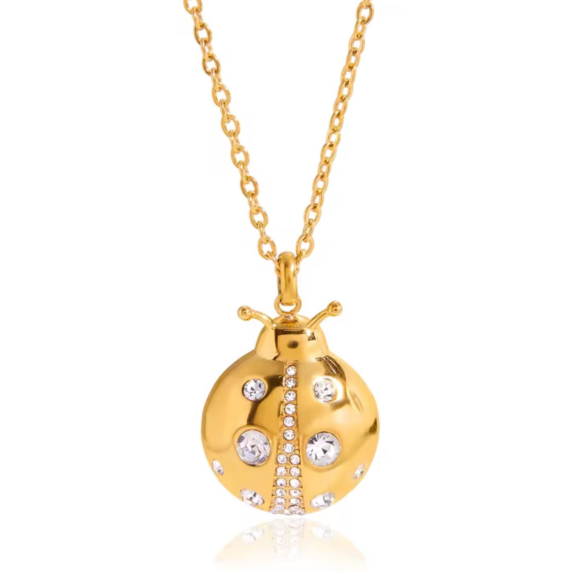Gold-plated ladybug pendant necklace with simulated diamonds