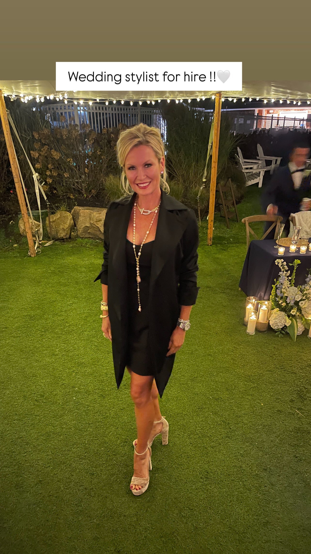 Christine wearing the gold and pearl wrap necklace