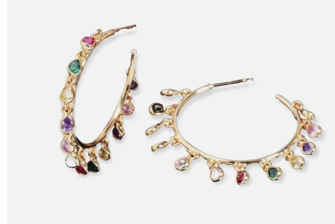 Gold teardrop stone hoop earrings with colored stones