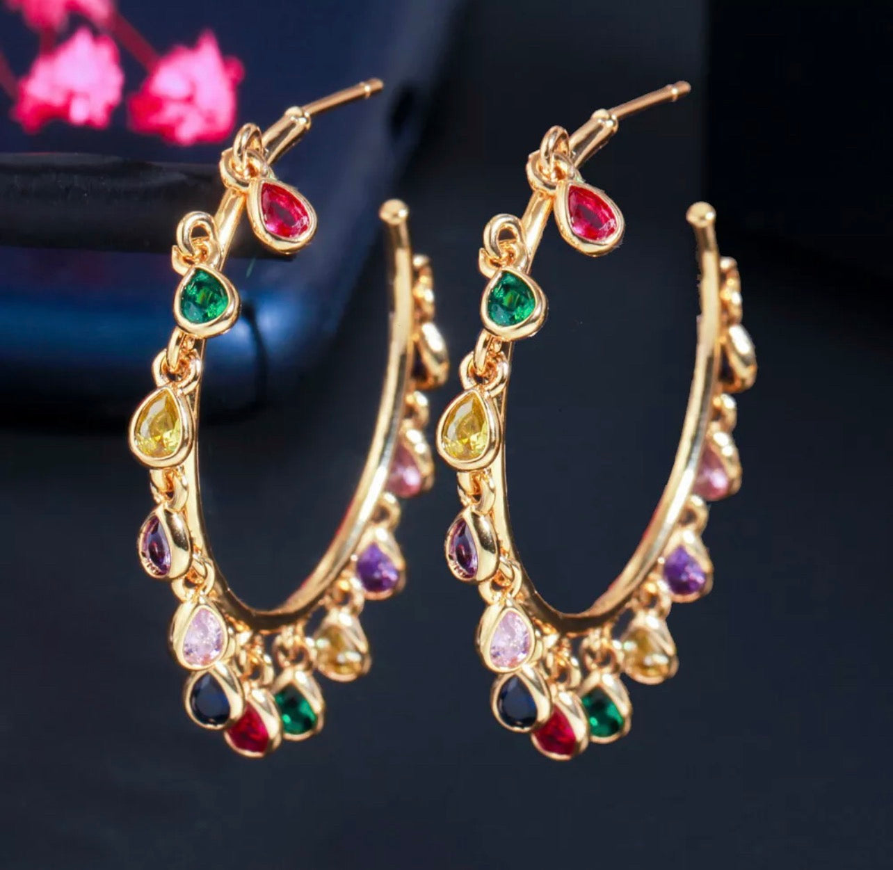 Gold teardrop stone hoop earrings with colored stones