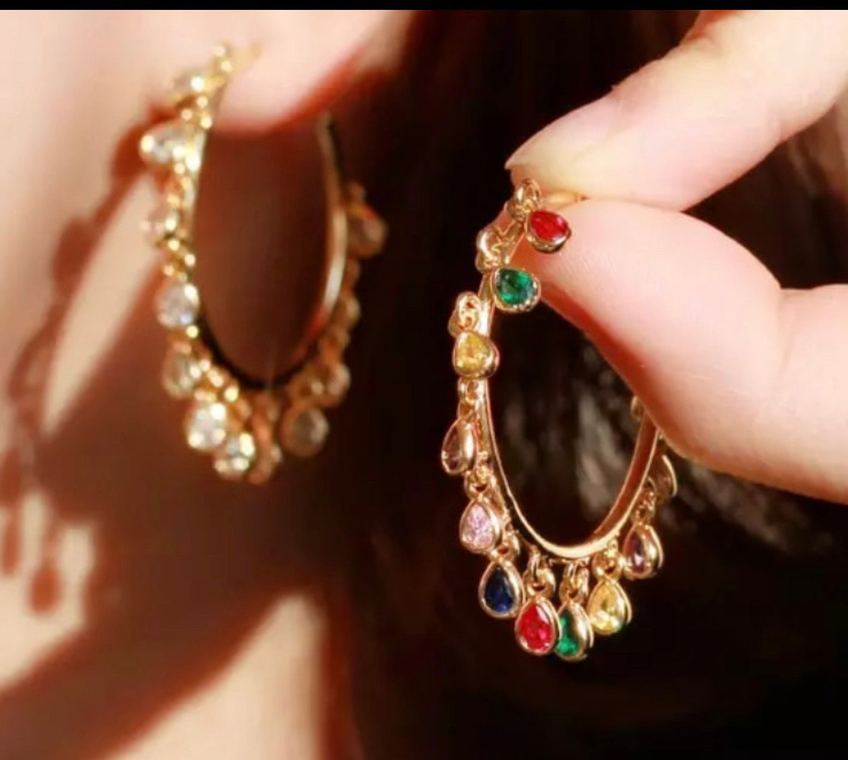 Gold teardrop stone hoop earrings with colored stones