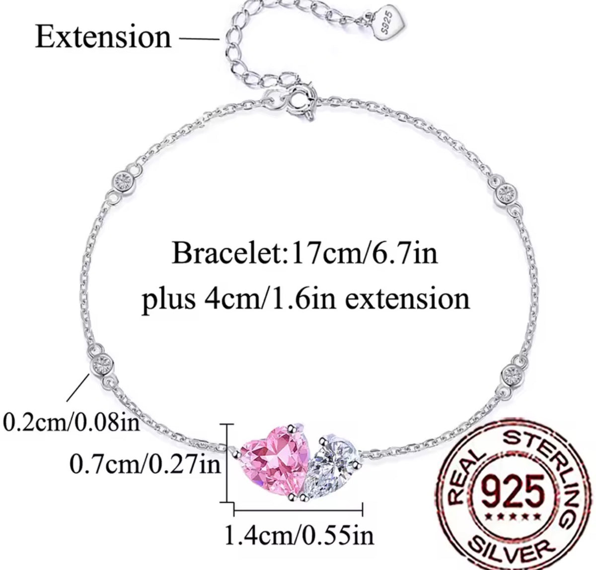 Close-up detail of the pink and white heart bracelet
