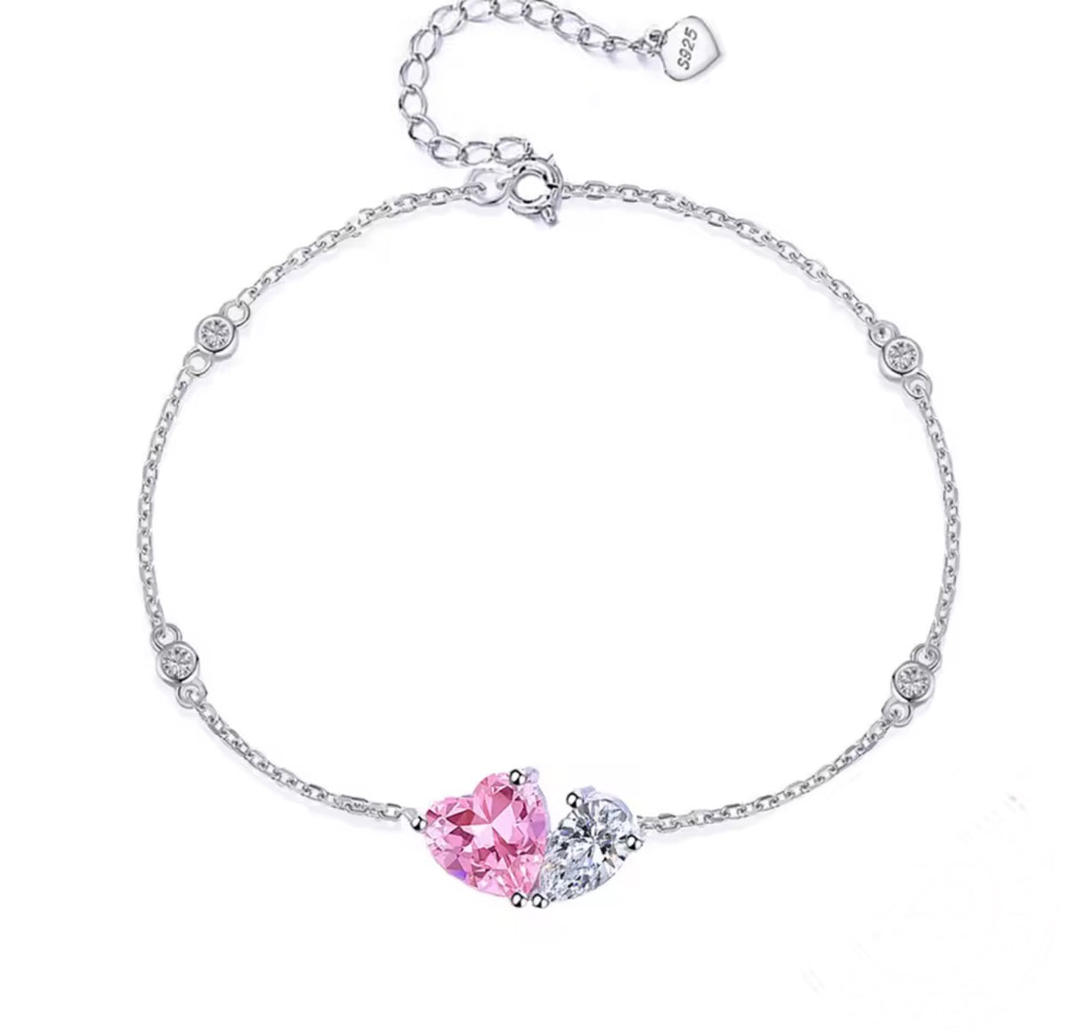 Pink and white heart-pair simulated diamond bracelet in sterling silver