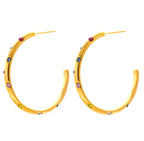 Gold hoop earrings, multicolor stone pair