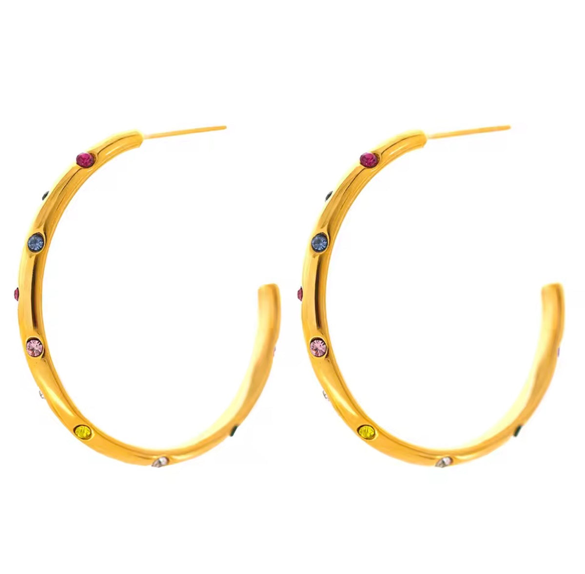 Gold hoop earrings, multicolor stone pair