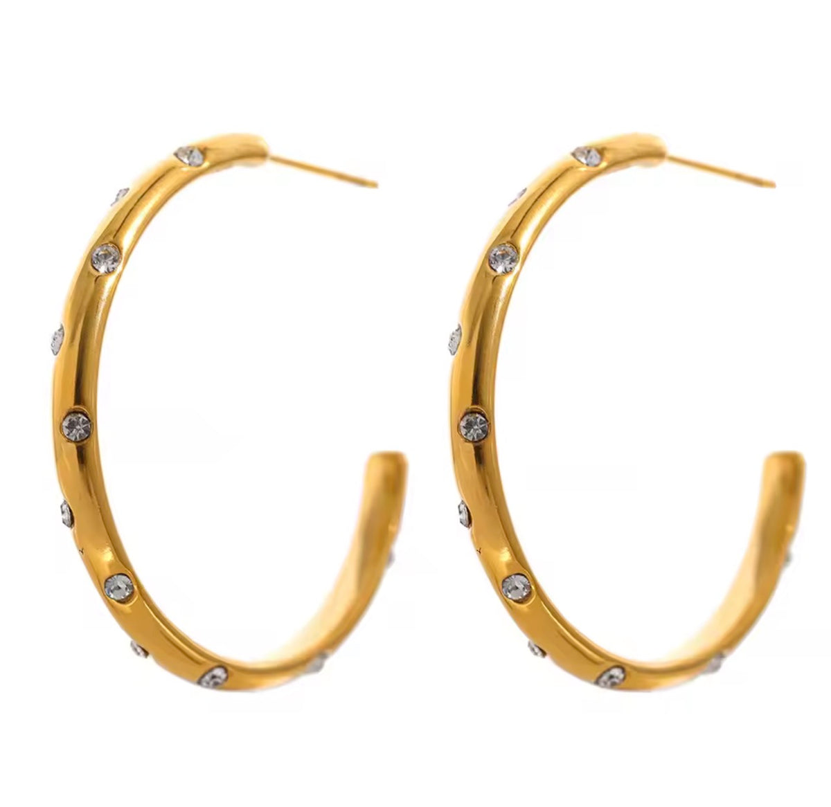Gold hoop earrings, clear stone pair