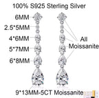 Clear long dangle lab moissanite earrings, 5 carat pear-cut drop