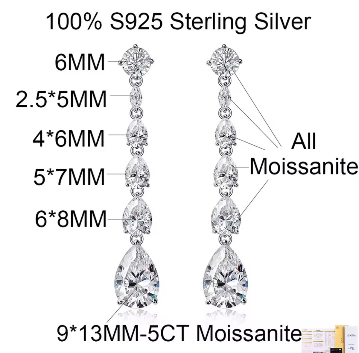 Clear long dangle lab moissanite earrings, 5 carat pear-cut drop