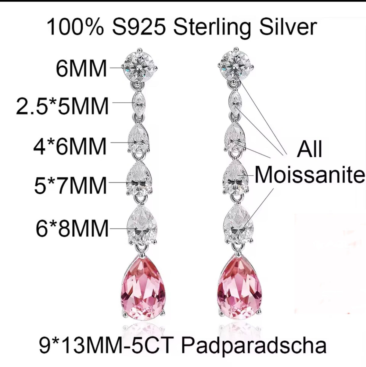 Pink long dangle lab moissanite earrings, 5 carat pear-cut drop